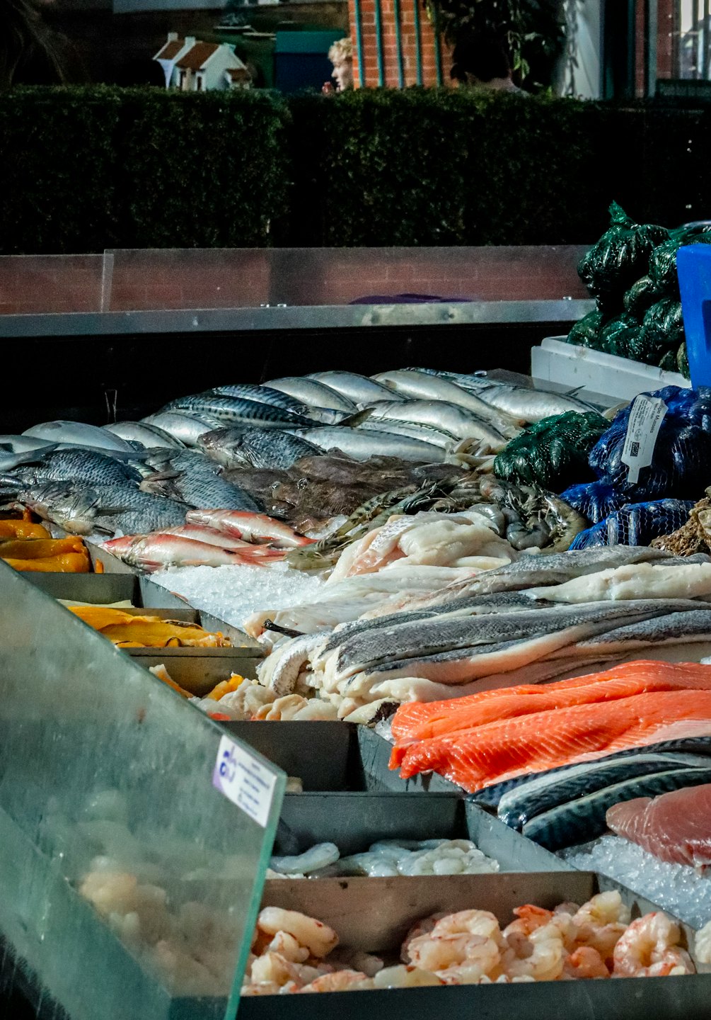 Pesce fresco e gamberi esposti su ghiaccio tritato in un mercato.